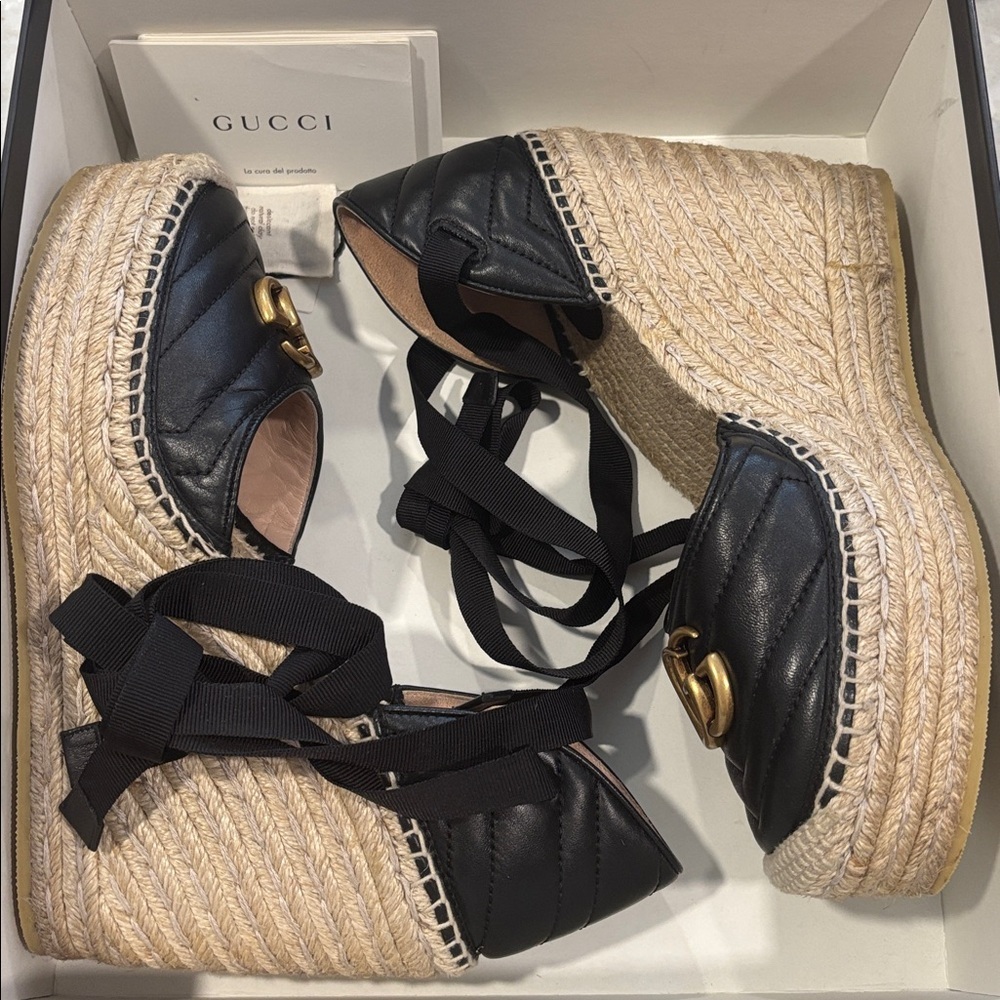 Gucci Black Matelasse Leather GG Marmont Espadrille Ankle-Tie Wedges - Picture 15 of 16
